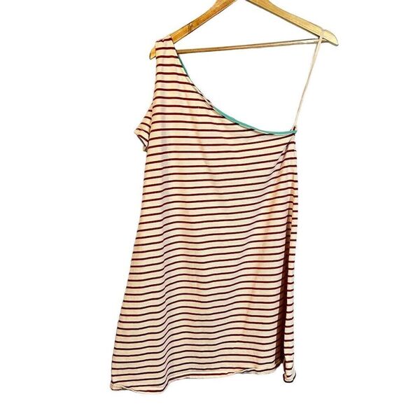 Anthropologie Maeve One-Shoulder Red Stripe Mini Dress Size L Summer Casual - Picture 3 of 6